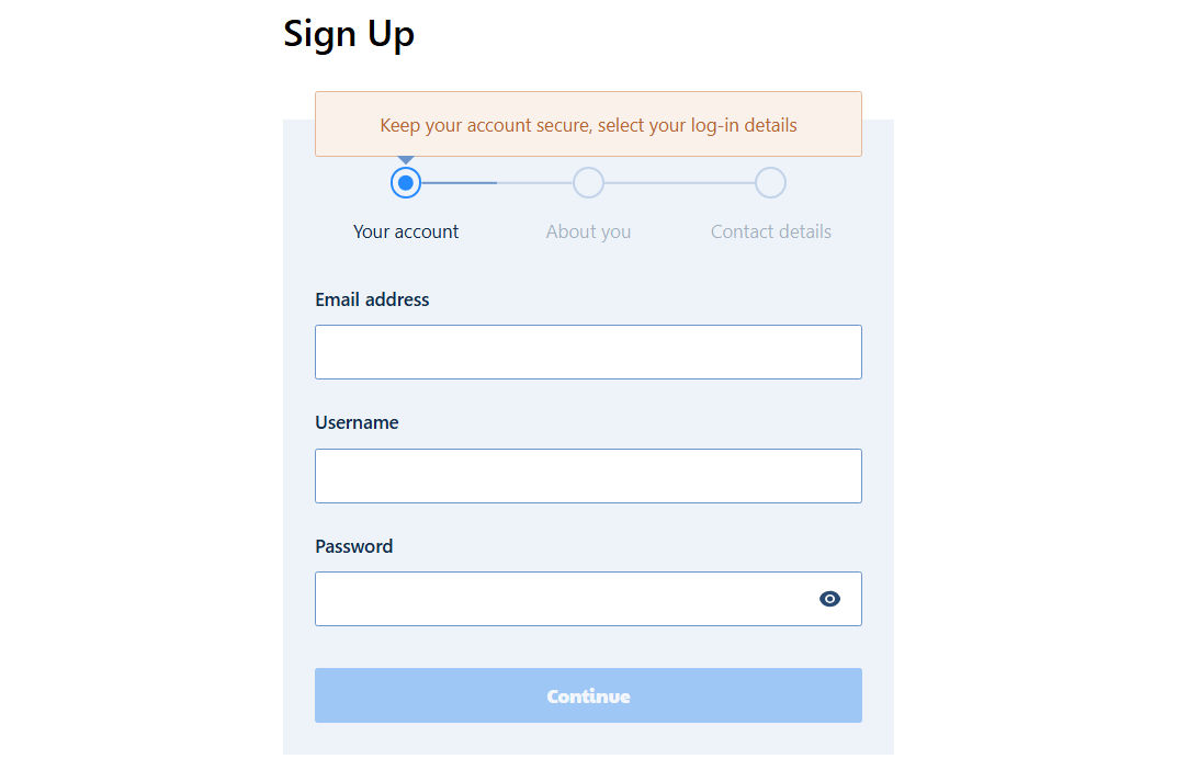 Sign up form showing email, username and password entry fields