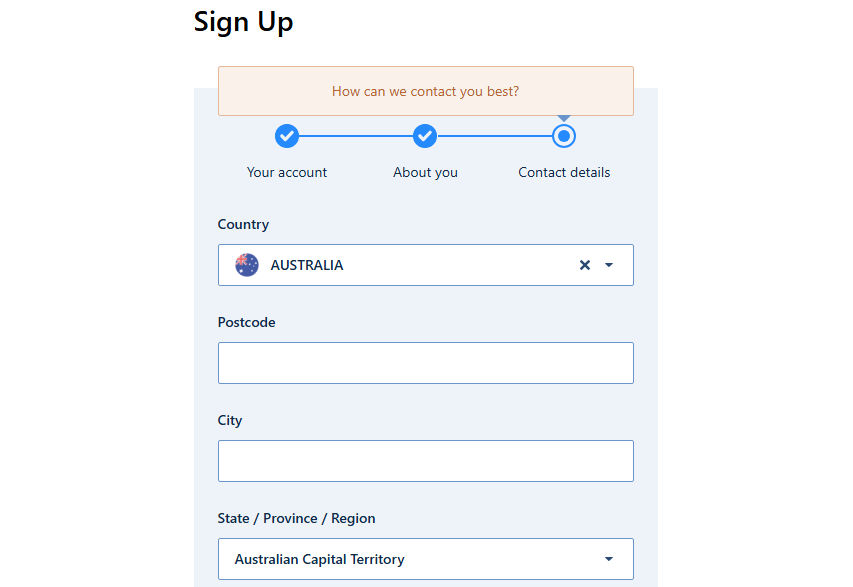 Contact details form showing country, postcode, city and state fields