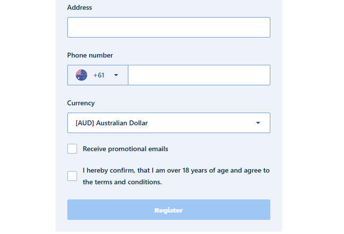 Contact details form with address, phone, currency and consent checkboxes